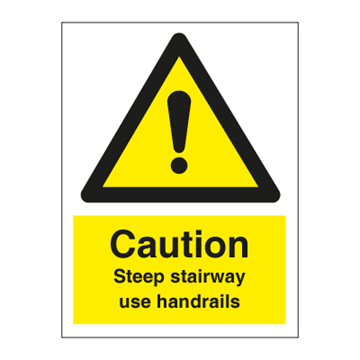Varning Branta trappor använder ledstång - Faro- och varningsskyltar