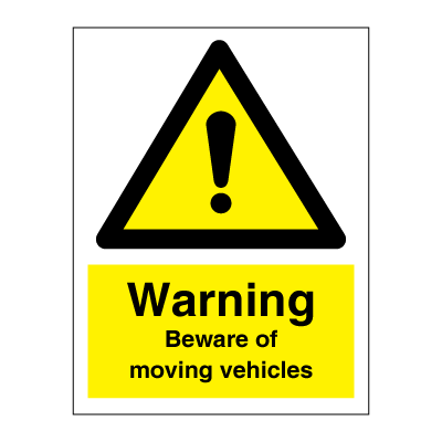 Varning Se upp för fordon i rörelse - Faro- och varningsskyltar