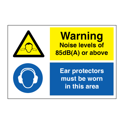 Varning Ljudnivåer på 85 dB - kombinationsskyltar