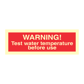 Varning! Testa vattentemperaturen före användning - Förbudstecken
