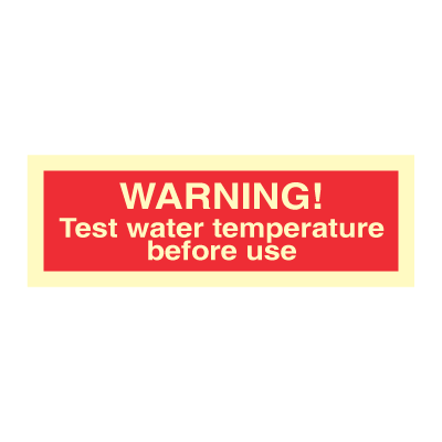 Varning! Testa vattentemperaturen före användning - Förbudstecken